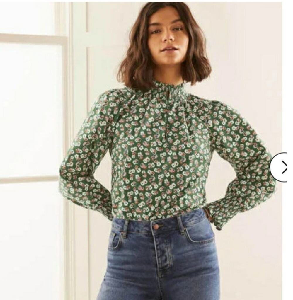 BODEN Ellie Smocked Neck Top Green Floral Cotton Stretch Blouse US 4 UK 8 W0743